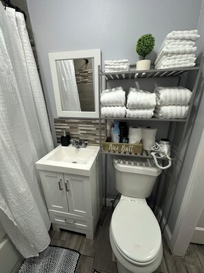 Secadora de cabello, toallas, jabón, papel de baño 