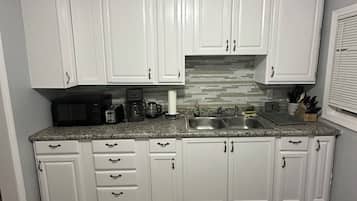 Fridge, microwave, stovetop, electric kettle