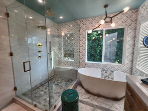 Shower, towels, soap, toilet paper