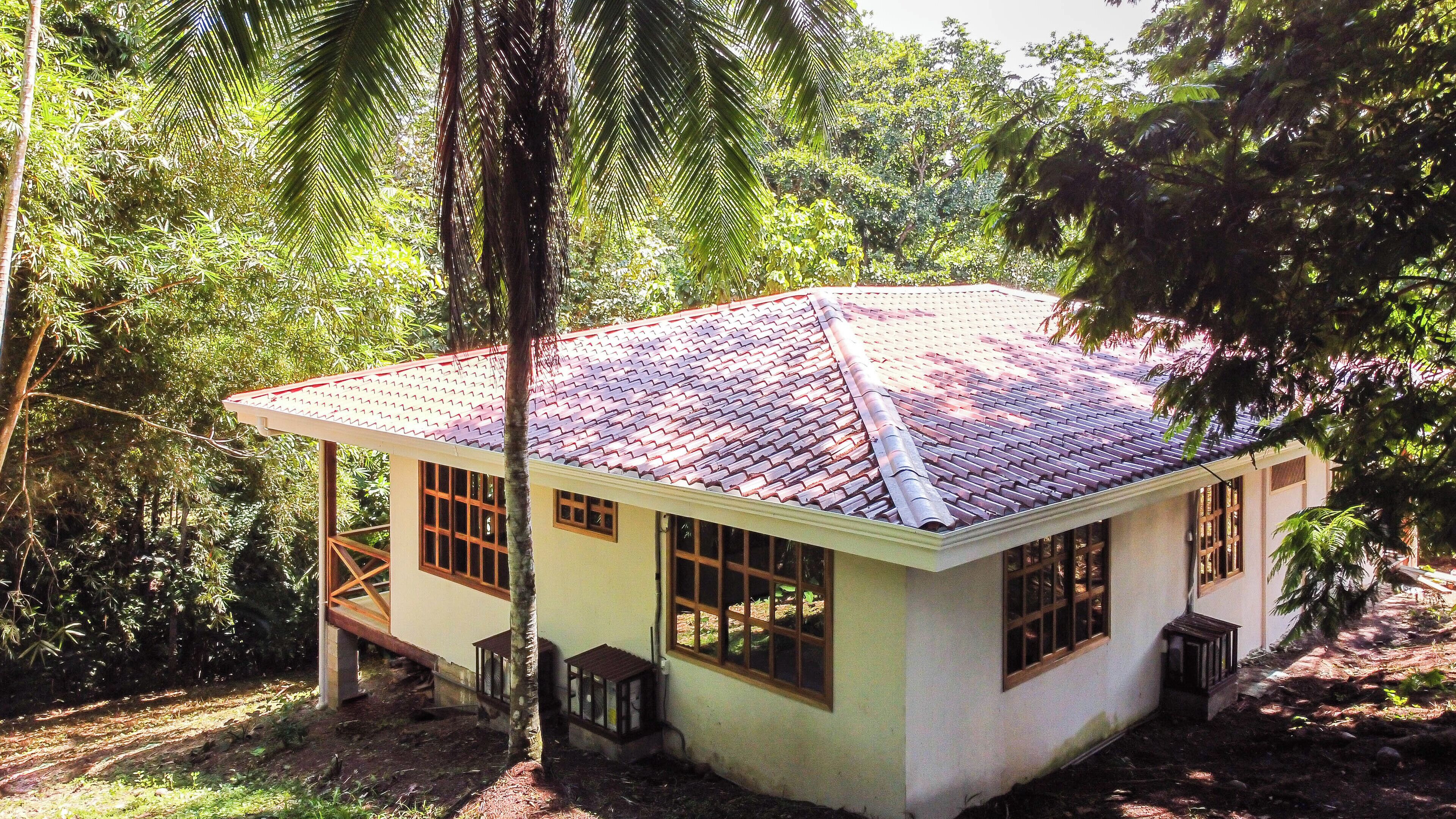 A small, single-story house with a tiled roof, surrounded by dense tropical vegetation.