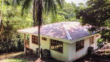 A small, single-story house with a tiled roof, surrounded by dense tropical vegetation.