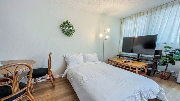 Una habitación de hotel con una cama, televisor, escritorio con silla y una planta.