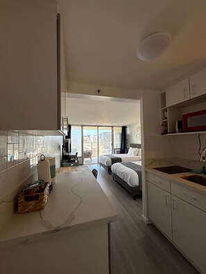 Quarto de hotel moderno com uma janela ampla, cozinha compacta e área de dormir separada.