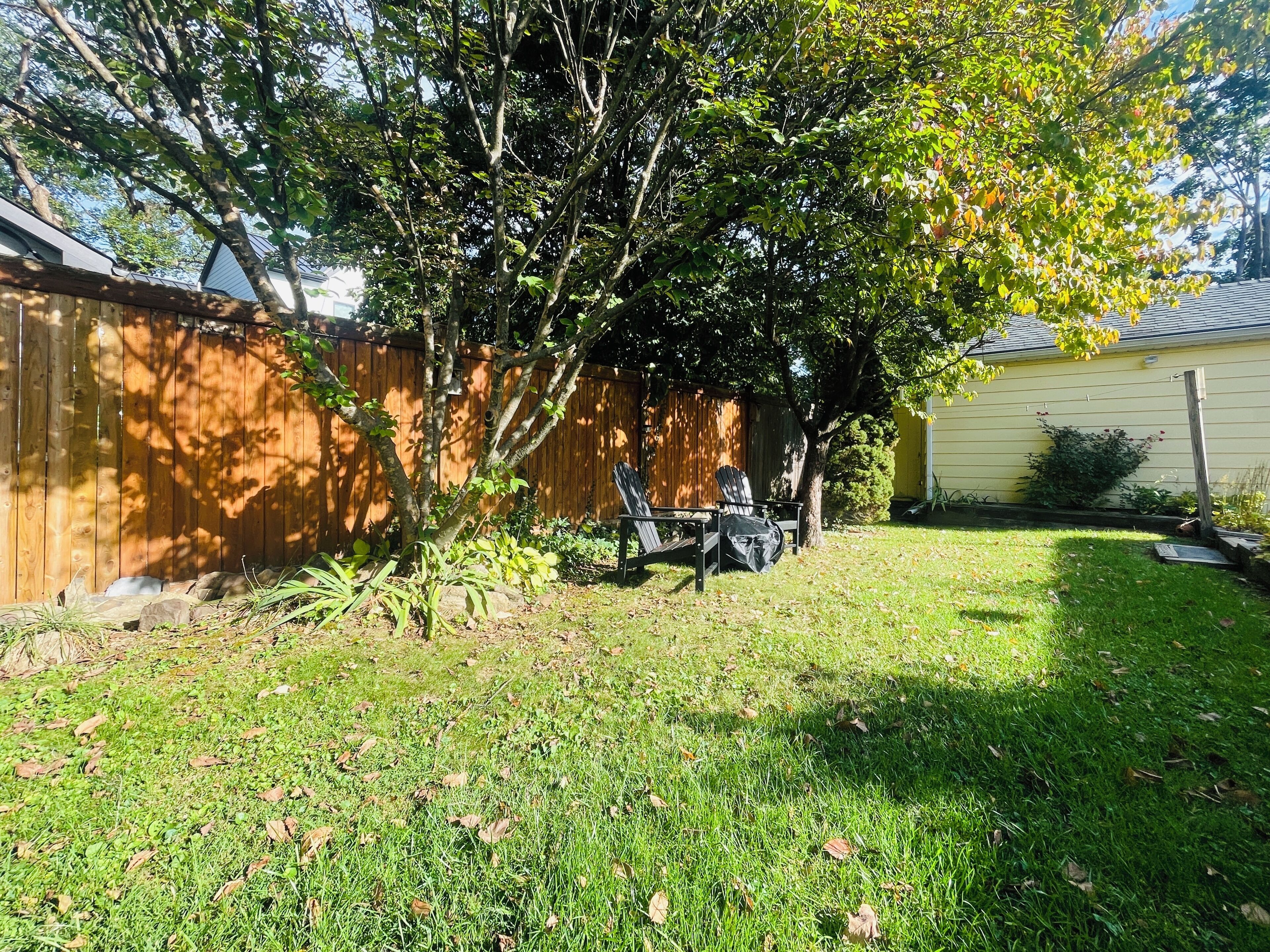Un jardin avec une clôture en bois, un arbre et une pelouse.