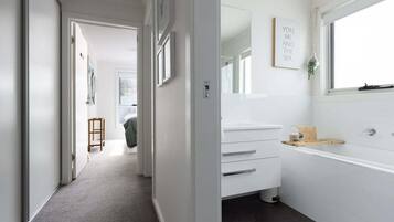 Hair dryer, towels, shampoo