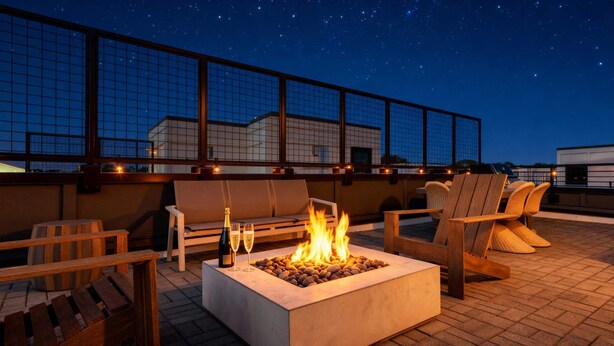 En tagterrasse med bålsted, siddepladser og udsigt til nattehimlen.