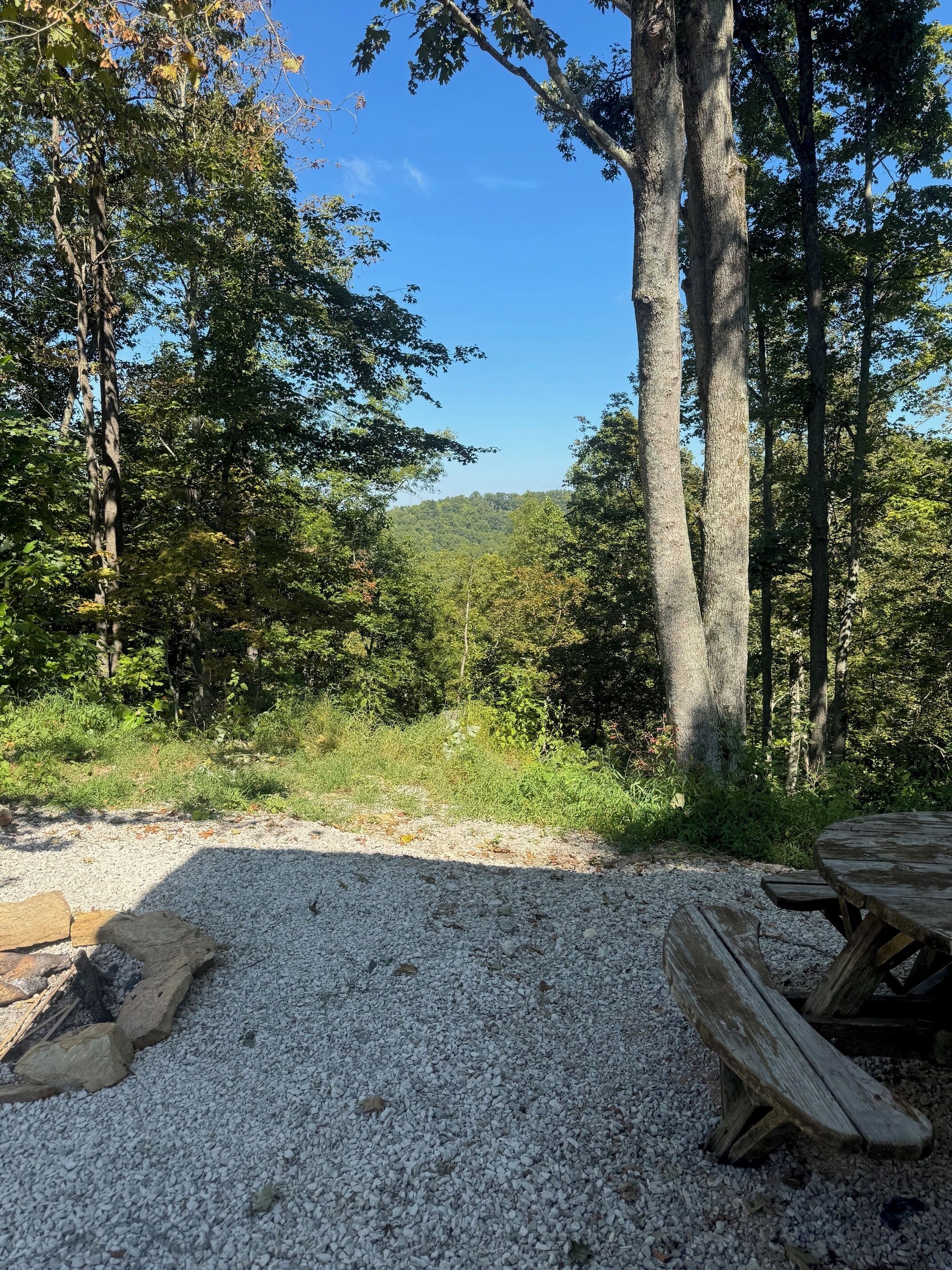 Un'area con ghiaia, un tavolo da picnic in legno e panche, circondata da alberi e con vista libera su una collina boscosa.