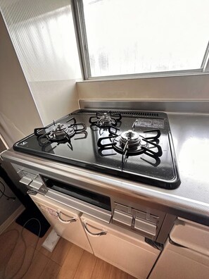 Fridge, microwave, stovetop