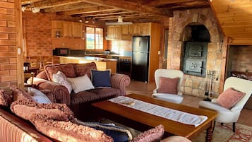 TV, fireplace, books