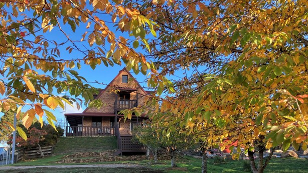 A two-story house with a balcony, surrounded by autumn leaves and a stone wall. - SeaHen Lodge - entire house - rustic farmhouse charm with amazing mountain views (Zeehan)