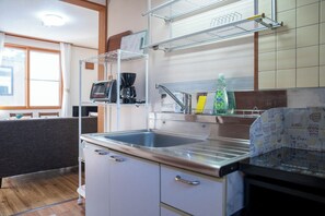 Kühlschrank, Mikrowelle, Herdplatte, Kochgeschirr/Geschirr/Besteck