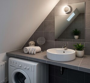 Shower, hair dryer, towels