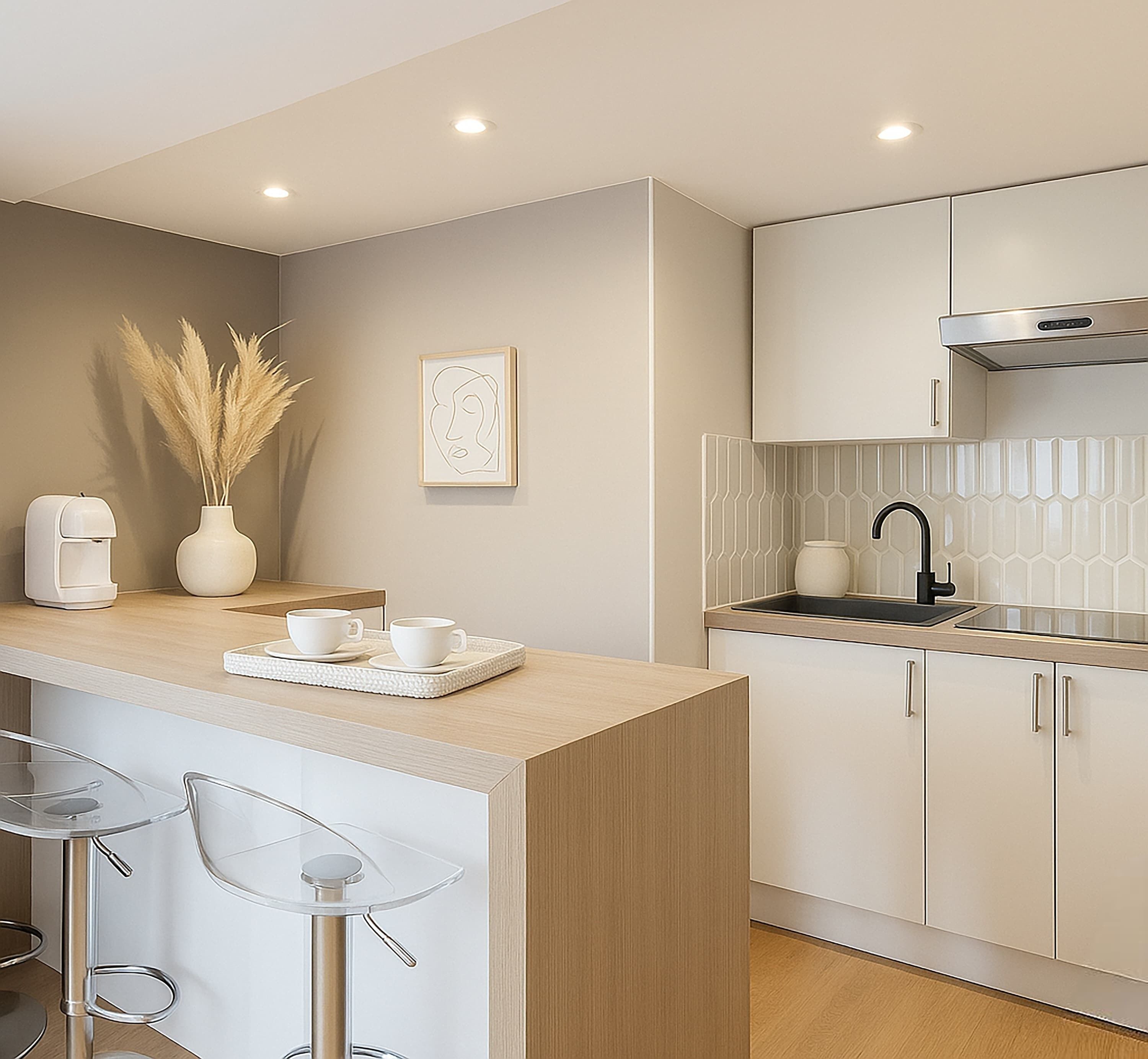 Een microgolfoven, een kookplaat, een koffiezetapparaat/waterkoker