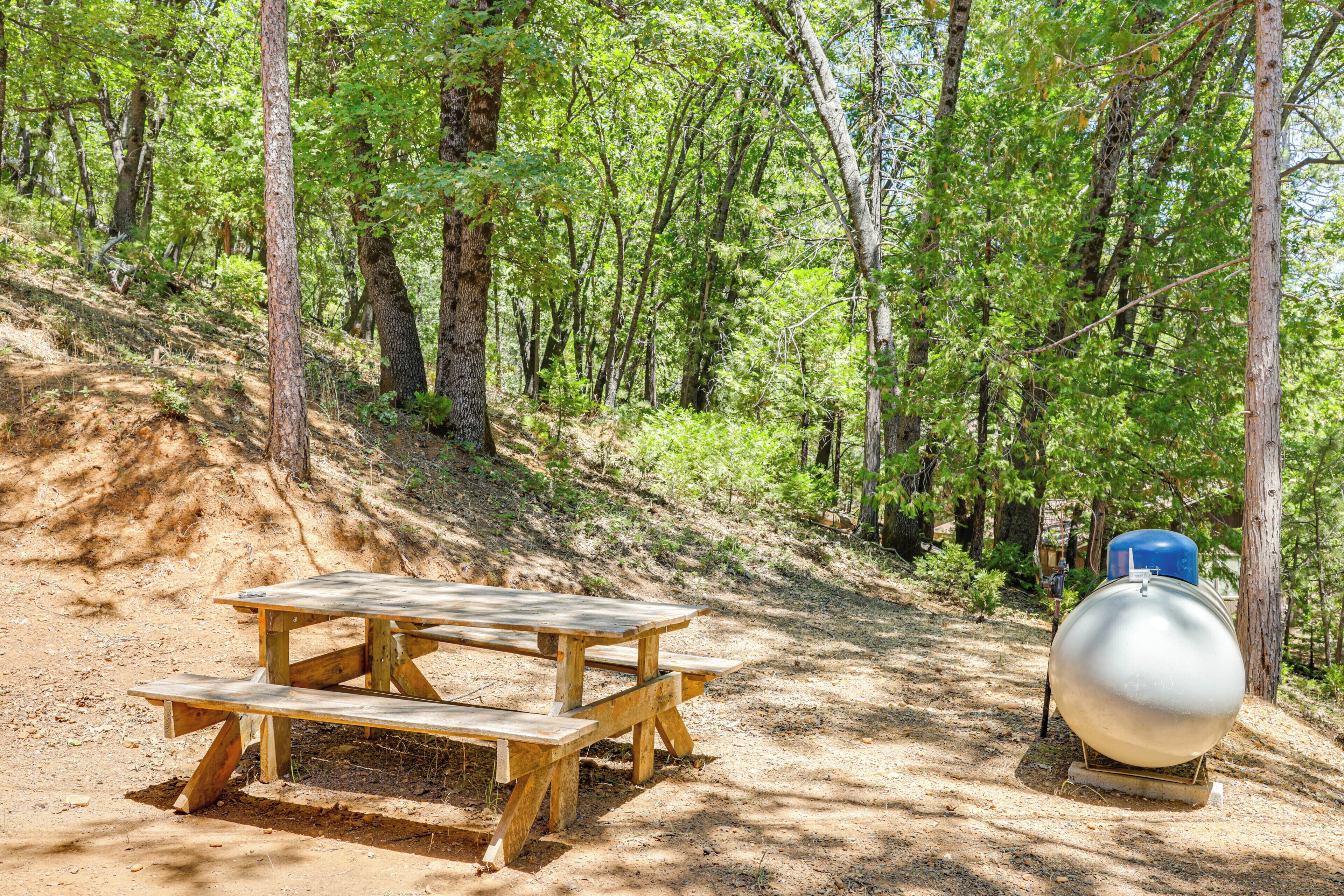 Una mesa de picnic y una parrilla portátil en un área boscosa.