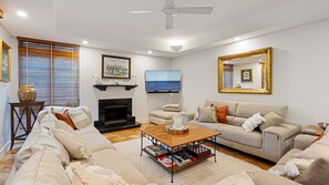 TV, fireplace, books