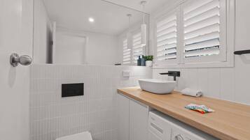 Shower, hair dryer, towels, shampoo
