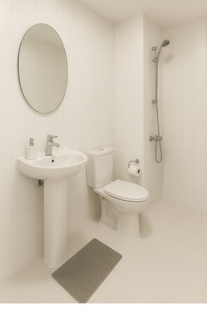 Shower, towels, soap, toilet paper