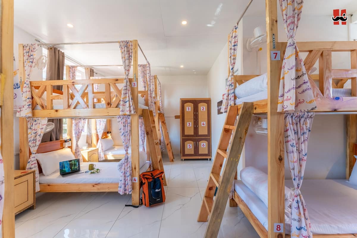 A dormitory room with bunk beds, a wooden wardrobe, and a ladder.