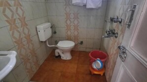 A small bathroom with a toilet, a sink, and a shower area. - Hotel Dreamland (Udhampur)
