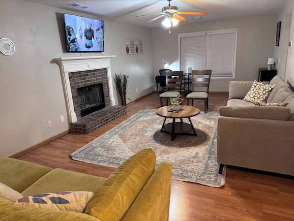TV, fireplace