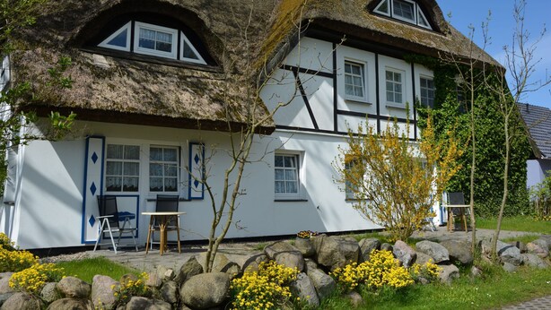 A traditional thatched-roof house with a white exterior and black trim, featuring a small garden with rocks and yellow flowers. - Rohrdachhus- vacation apartment 2 (Mönchgut)