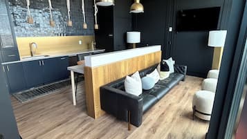 TV connectée, cheminée, livres