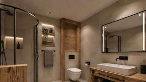 Een douche, een haardroger, toiletpapier