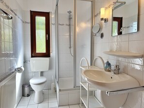 Ein Badezimmer mit Toilette, Dusche, Waschbecken und Spiegel.