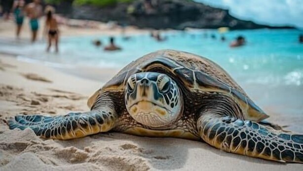 A sea turtle on a sandy beach with people in the background. - Maui Banyan Studio, King Bed, Steps to Kam2 Beach (Kihei)