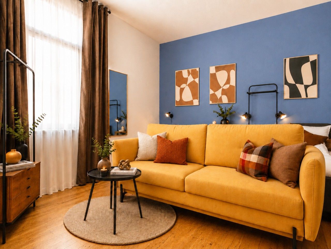 Ein Wohnzimmer mit einer Couch, einem Couchtisch und einer Lampe.