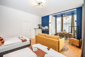 1 bedroom, desk, iron/ironing board, travel cot