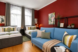 1 bedroom, desk, iron/ironing board, travel cot