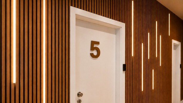 Un interior moderno con una puerta blanca marcada con el número 5, listones de madera verticales e iluminación vertical.