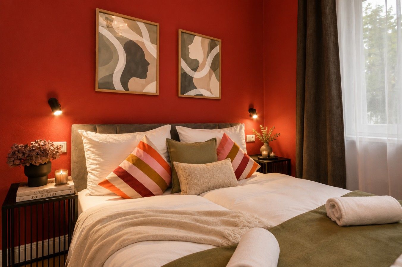 Una cama bien tendida con varias almohadas, una mesita de noche con un florero y una vela, y dos cuadros abstractos en la pared.