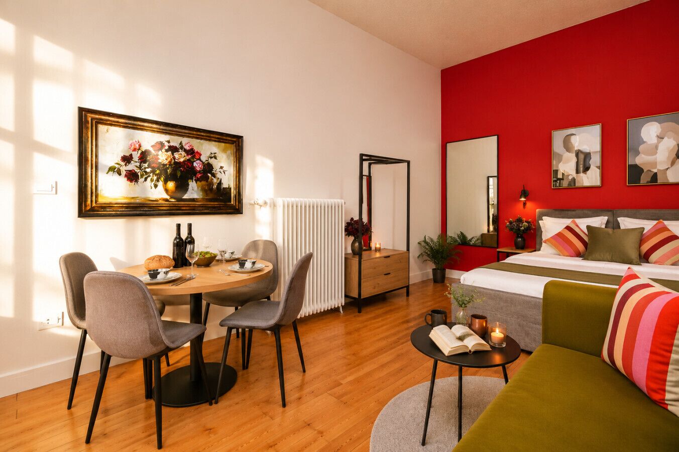 1 dormitorio, escritorio, tabla de planchar con plancha y cuna de viaje