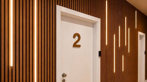 A modern hallway with a white door marked with the number 2, wooden paneling, and recessed lighting. - Helles Studio mit Waschküche – Paulusstraße (Bielefeld)