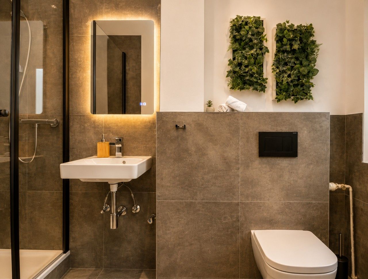 Uma casa de banho moderna com cabine de duche em vidro, lavatório branco com dispensador de sabonete de madeira, sanita e dois painéis de parede verde com plantas.