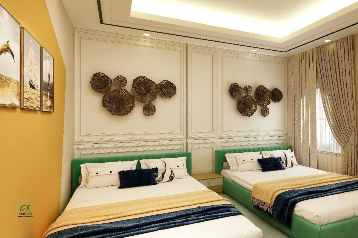 A hotel room with two beds, decorative wall art, and a large window with curtains.
