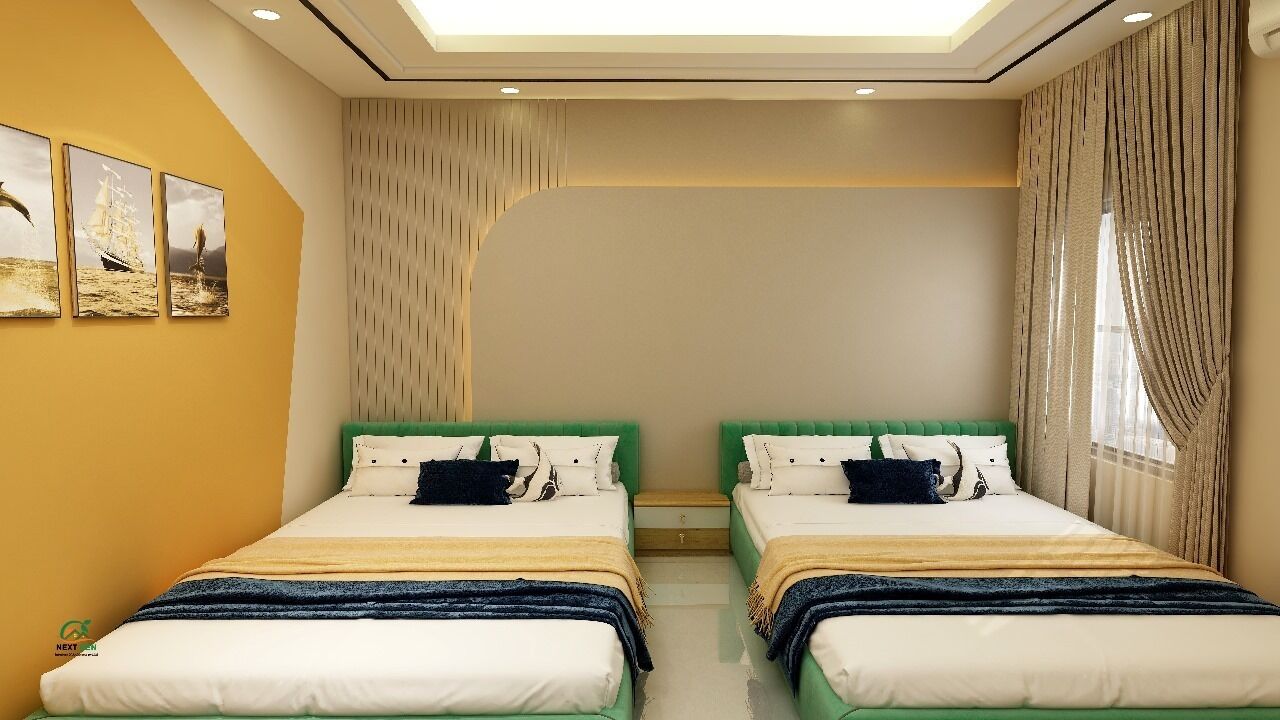 A hotel room with two beds, a skylight, and a view of the sea.