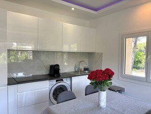 Fridge, microwave, oven, coffee/tea maker