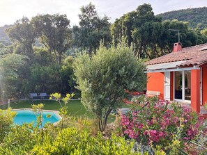 A pool with a red building in the background.