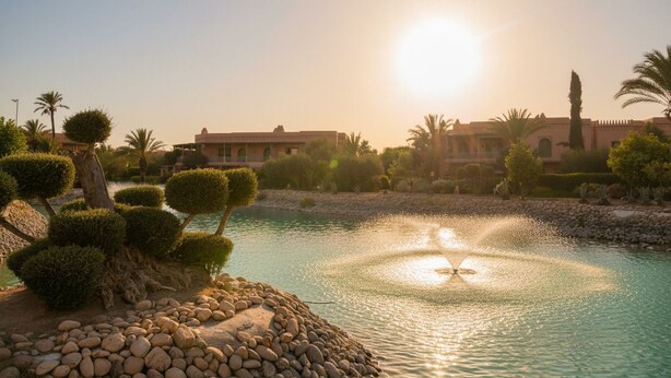 A serene outdoor pool area with a fountain, surrounded by neatly trimmed bushes and palm trees, with buildings in the background. - Palmeraie Stay - Pool & Lake (Marrakesh)