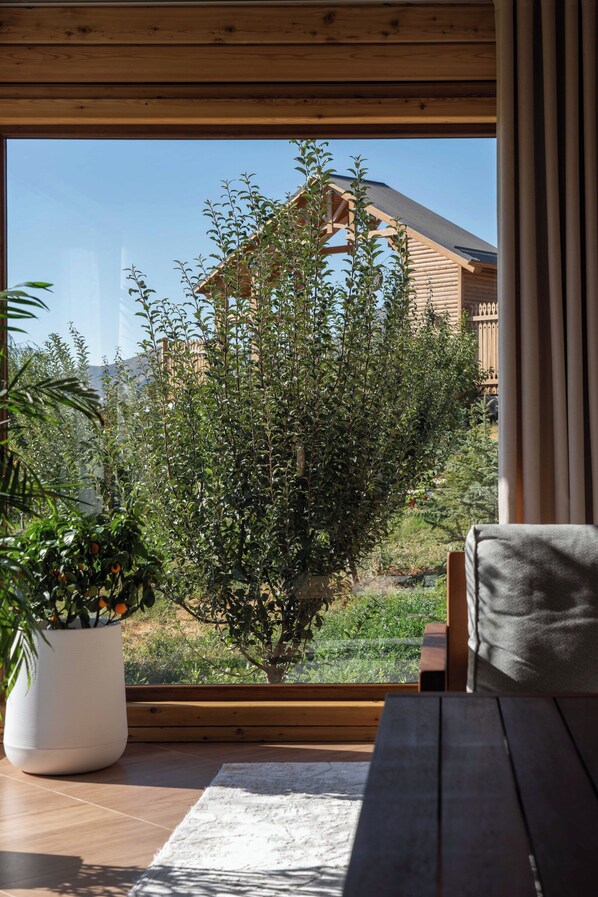 A room with a large window, a wooden bench, and a potted plant. - Silver Valley (Kumushkan)