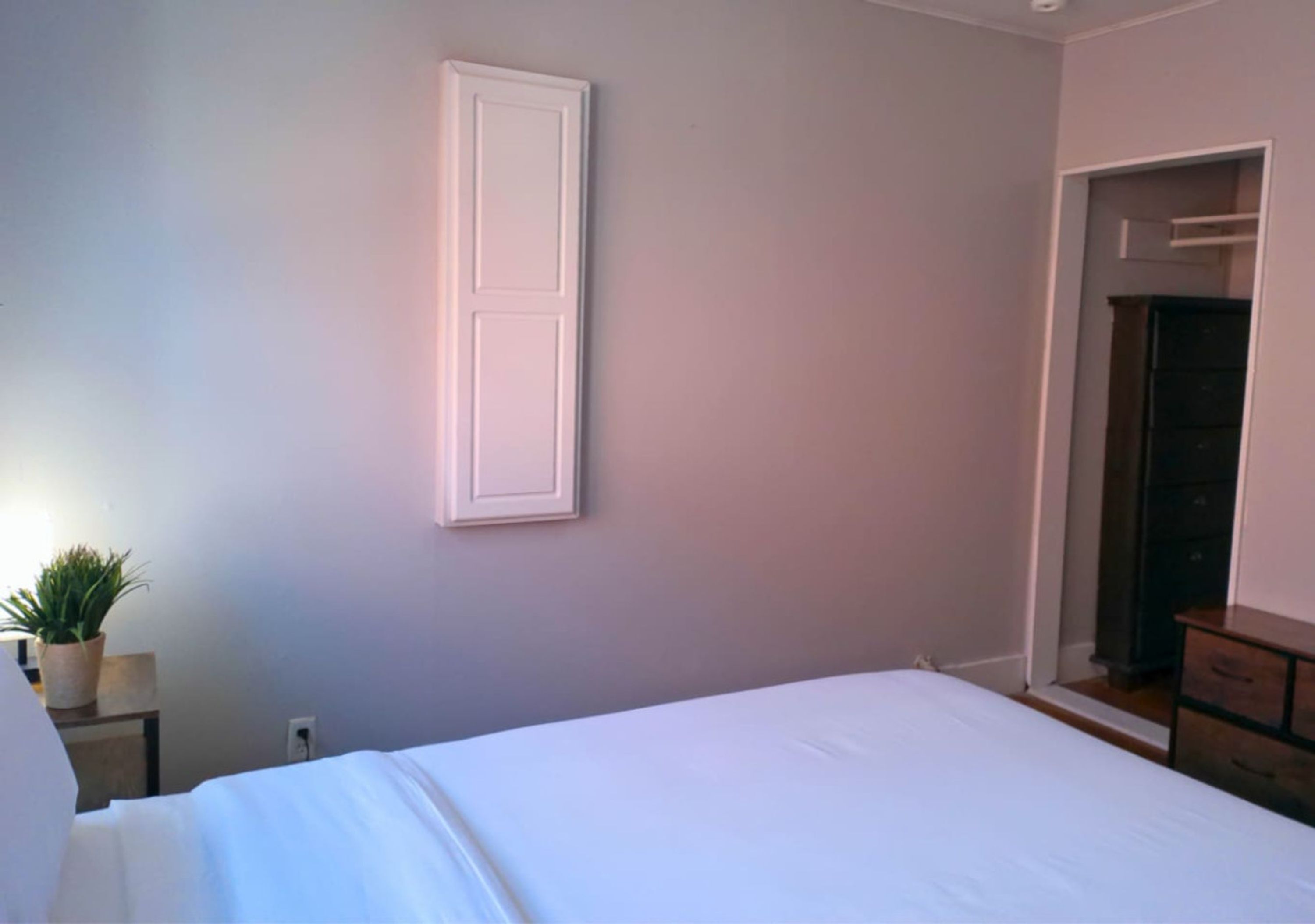 A bedroom with a bed, a potted plant, a wardrobe, and a door leading to another room.