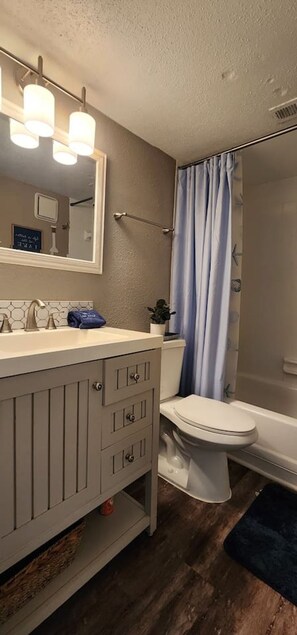 Une salle de bain comprenant un meuble-lavabo, des toilettes et un espace douche.