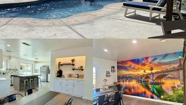 A swimming pool with lounge chairs, a kitchen with a coffee bar, and a dining area with a mural. - Endless Summer, Pool/Theatre/Boat Parking/Walk to London Bridge! (Lake Havasu City)