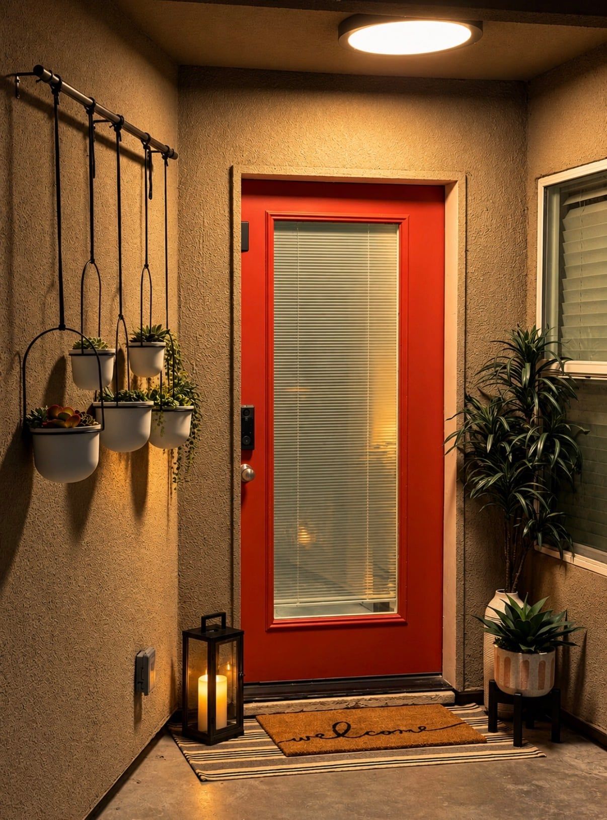 A red door with a frosted glass panel, a welcome mat, a lantern, and potted plants.