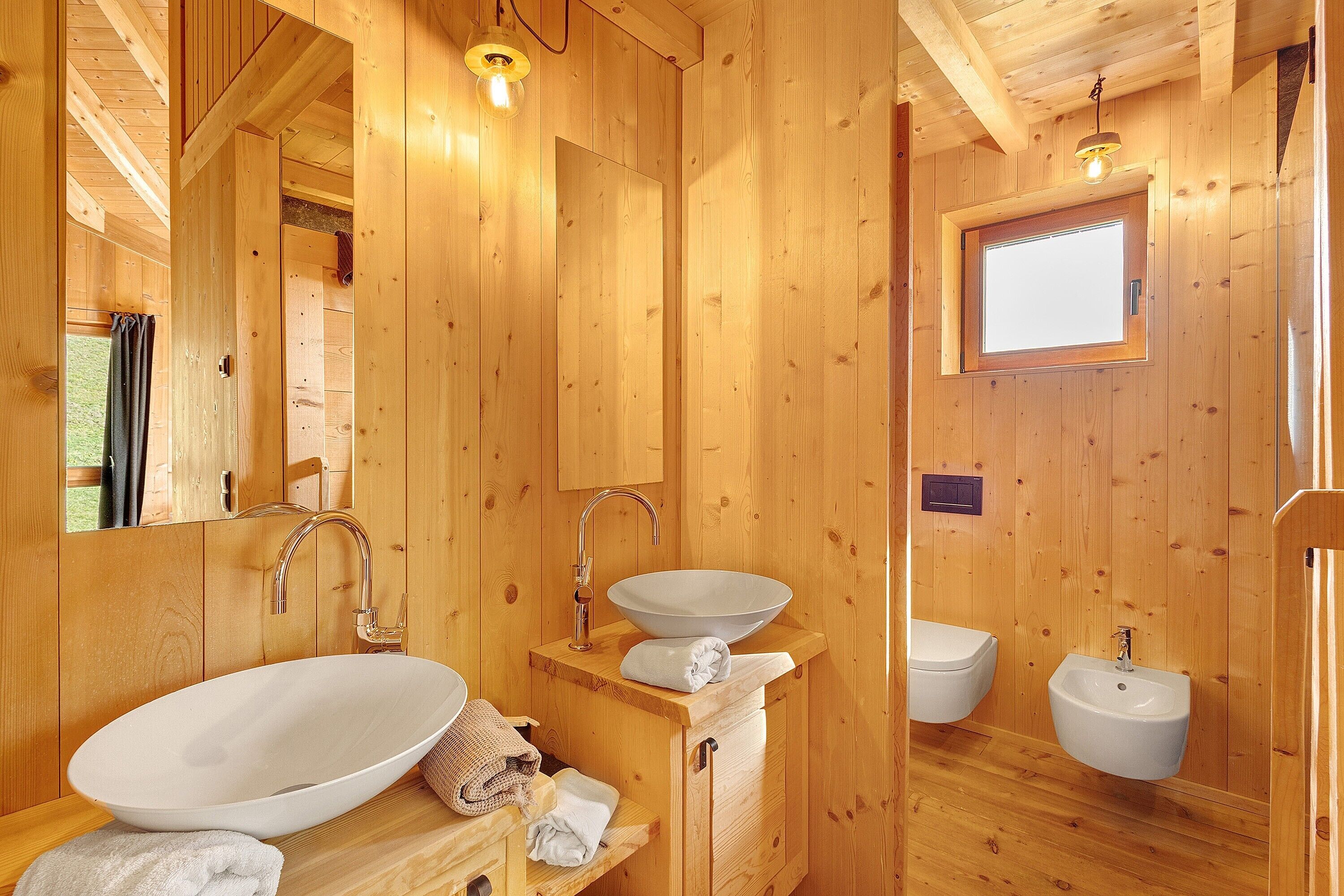 A wooden cabin bathroom with a large oval sink, a bidet, and a mirror.