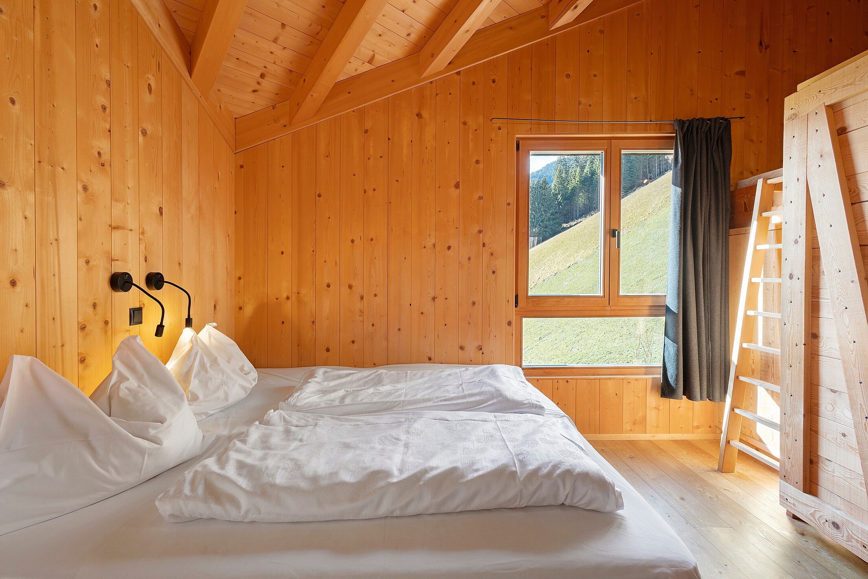 A wooden room with a bed, a window, and a ladder.