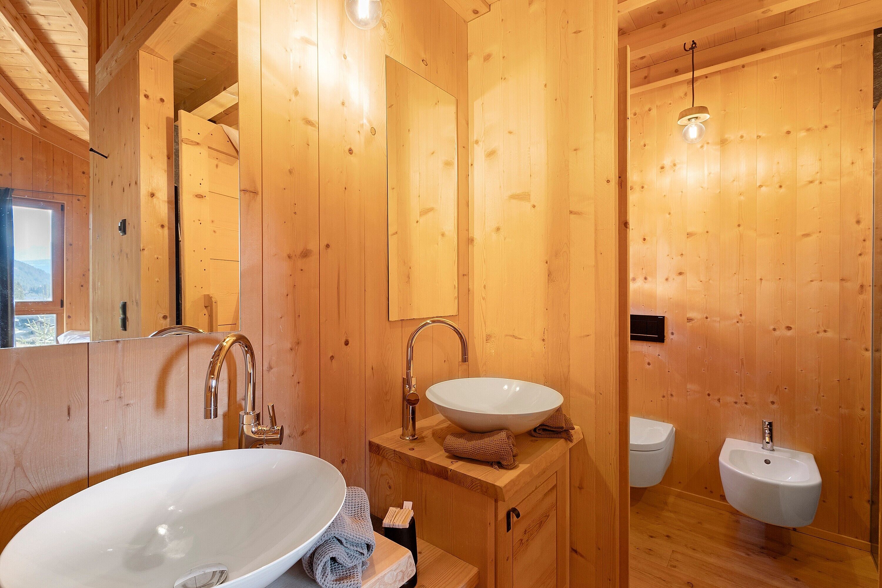 A wooden cabin bathroom with a large oval sink, a bidet, and a mirror.